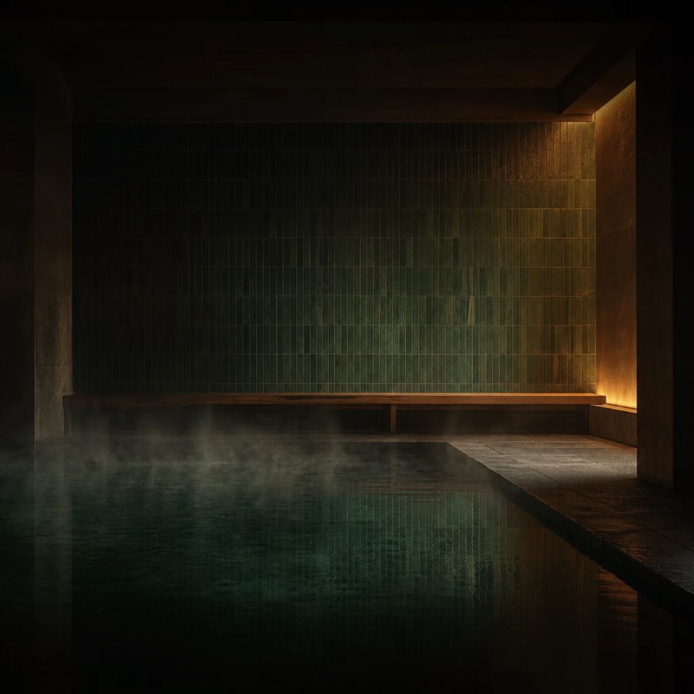 The bathhouse at Lorne: tiled pool, steam and low light