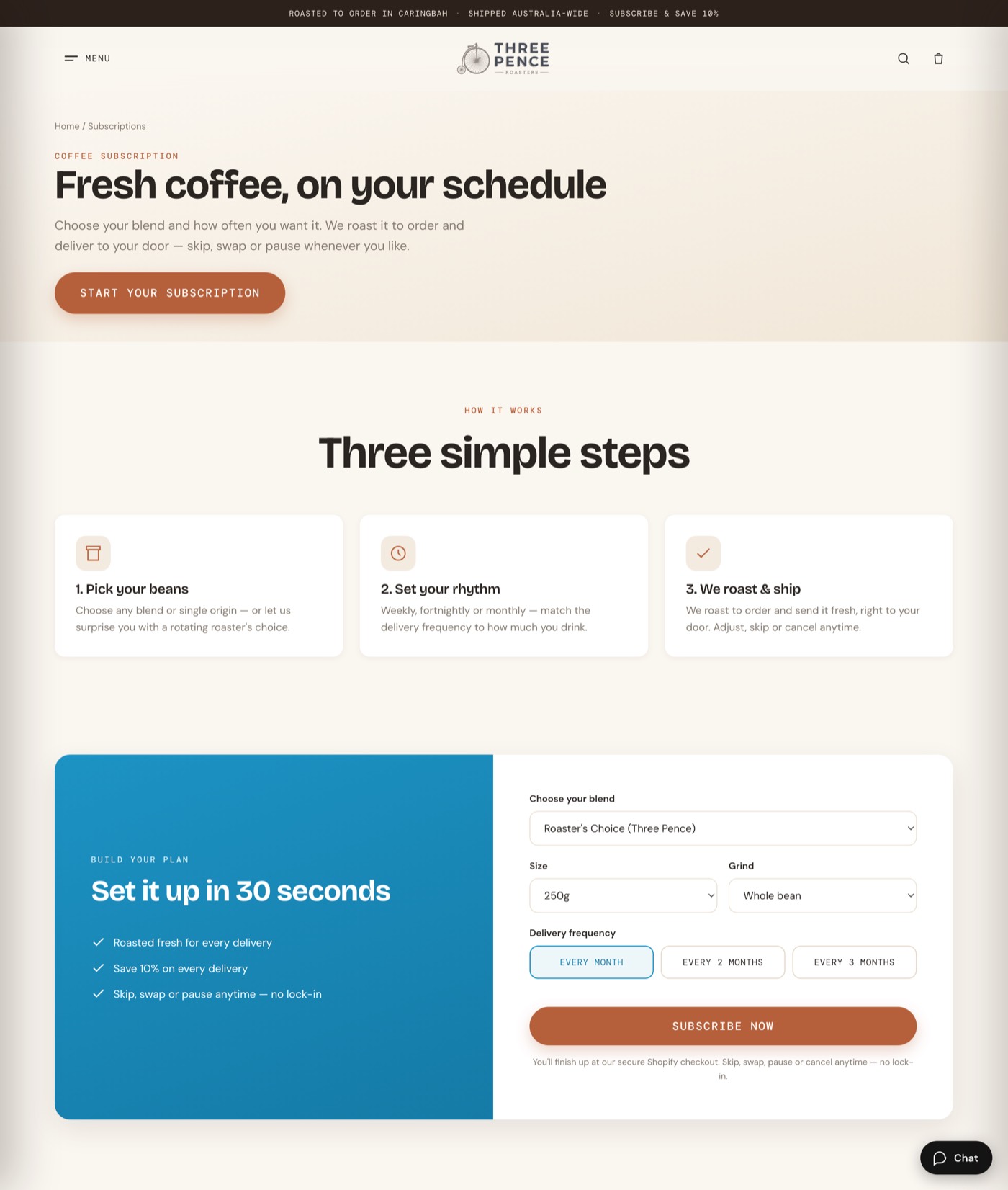 Subscriptions page — Three Pence Roasters