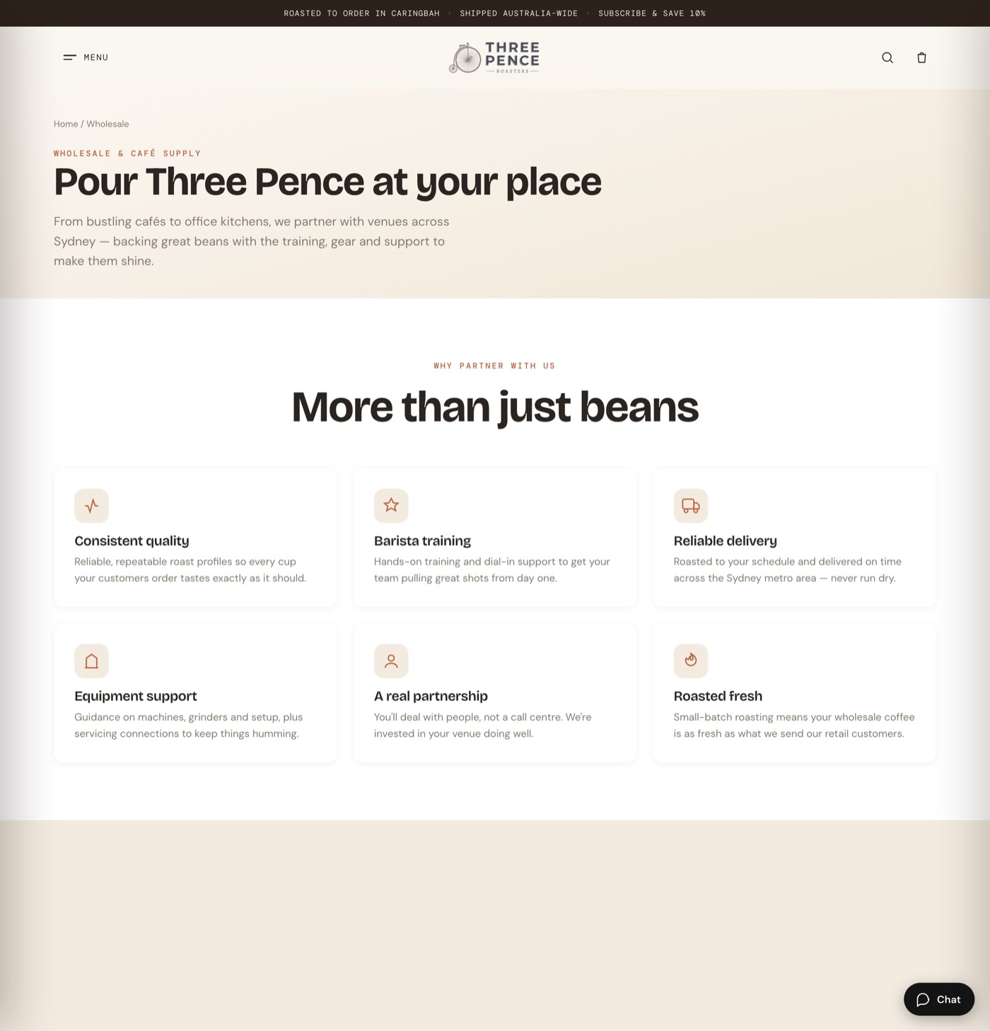 Wholesale page — Three Pence Roasters